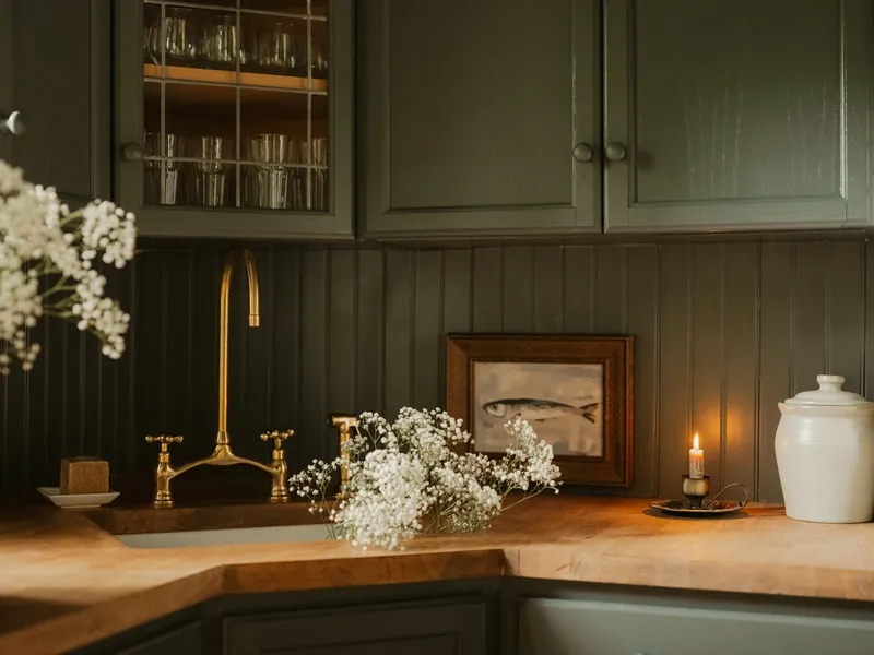 Green painted kitchen with a brass tap and wooden worktop